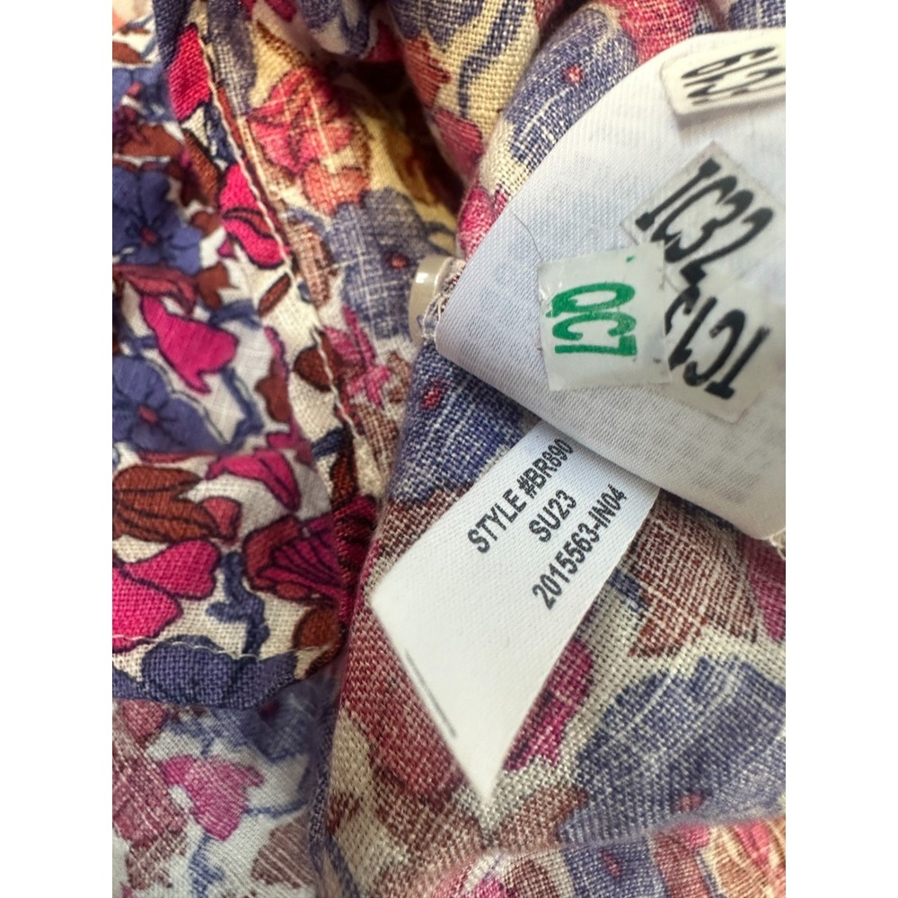 J.Crew Smocked 100% Linen Puff-Sleeve Top in Berry Floral High Neck Blouse XS - Picture 8 of 12
